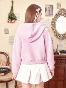 ROMWE Kawaii Cazadora teddy unicolor con cremallera con cordón con capucha - Rosa - Ver 2