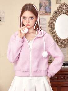 ROMWE Kawaii Cazadora teddy unicolor con cremallera con cordón con capucha - Rosa - Ver 1