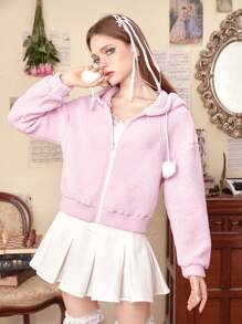 ROMWE Kawaii Cazadora teddy unicolor con cremallera con cordón con capucha - Rosa - Ver 4