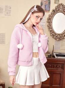 ROMWE Kawaii Cazadora teddy unicolor con cremallera con cordón con capucha - Rosa - Ver 5