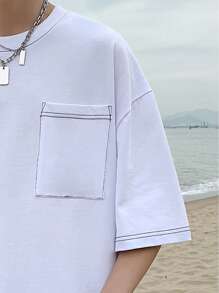 Hombres Camiseta de hombros caídos con puntada con parche con bolsillo - Blanco - Ver 3