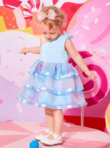 Baby Girl Bow Shoulder Mesh Overlay Layered Hem Party Dress - Blue - View 1