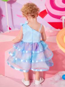 Baby Girl Bow Shoulder Mesh Overlay Layered Hem Party Dress - Blue - View 2