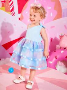 Baby Girl Bow Shoulder Mesh Overlay Layered Hem Party Dress - Blue - View 3