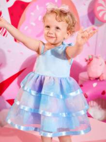 Baby Girl Bow Shoulder Mesh Overlay Layered Hem Party Dress - Blue - View 6