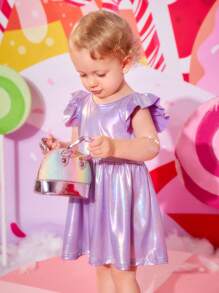 Baby Ruffle Trim Holographic Dress - Purple - View 5