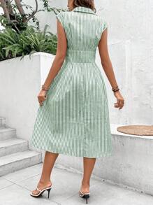 SHEIN VCAY Striped Print Button Front Shirt Dress - Green - View 2