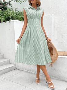 SHEIN VCAY Striped Print Button Front Shirt Dress - Green - View 4