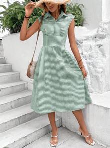 SHEIN VCAY Striped Print Button Front Shirt Dress - Green - View 6