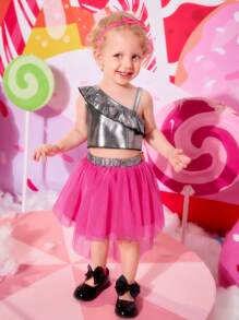 Bebé de cuello asimétrico ribete con fruncido Top & con malla Falda - Multicolor - Ver 1