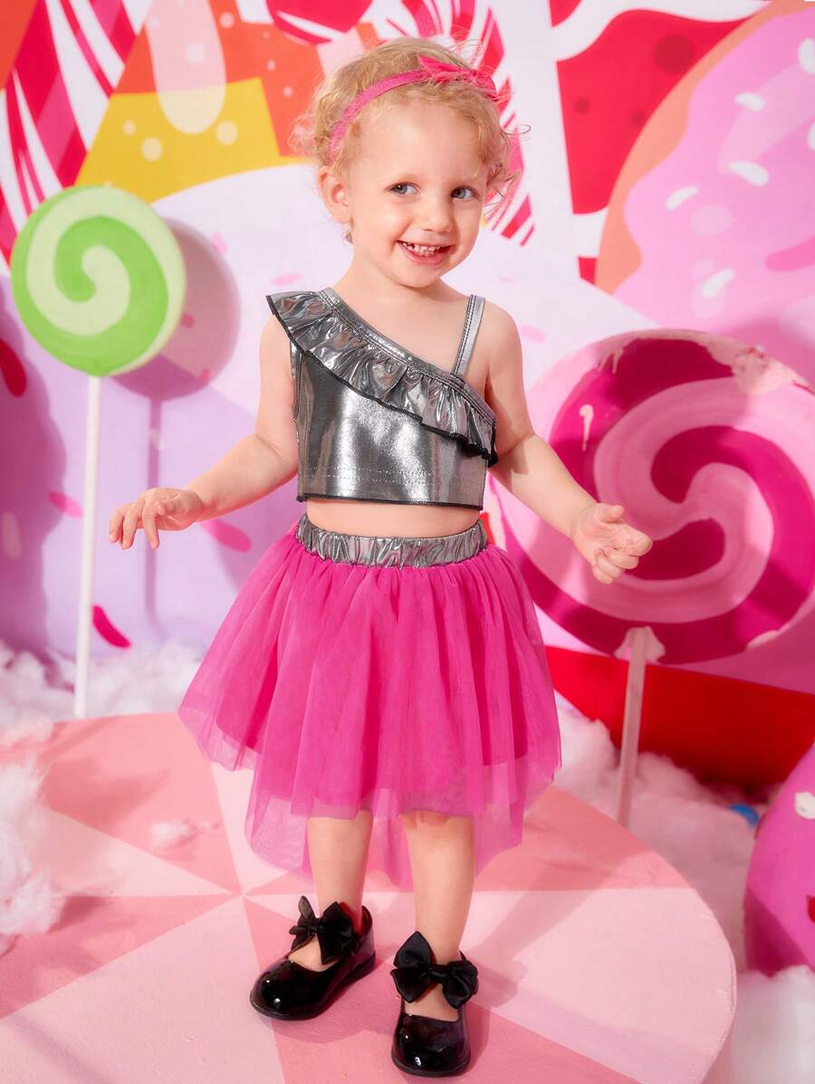 Bebé de cuello asimétrico ribete con fruncido Top & con malla Falda - Multicolor - Ver 1