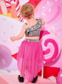 Bebé de cuello asimétrico ribete con fruncido Top & con malla Falda - Multicolor - Ver 2