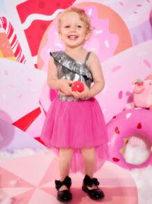 Bebé de cuello asimétrico ribete con fruncido Top & con malla Falda - Multicolor - Ver 4