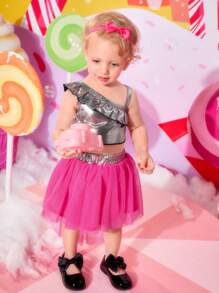 Bebé de cuello asimétrico ribete con fruncido Top & con malla Falda - Multicolor - Ver 6