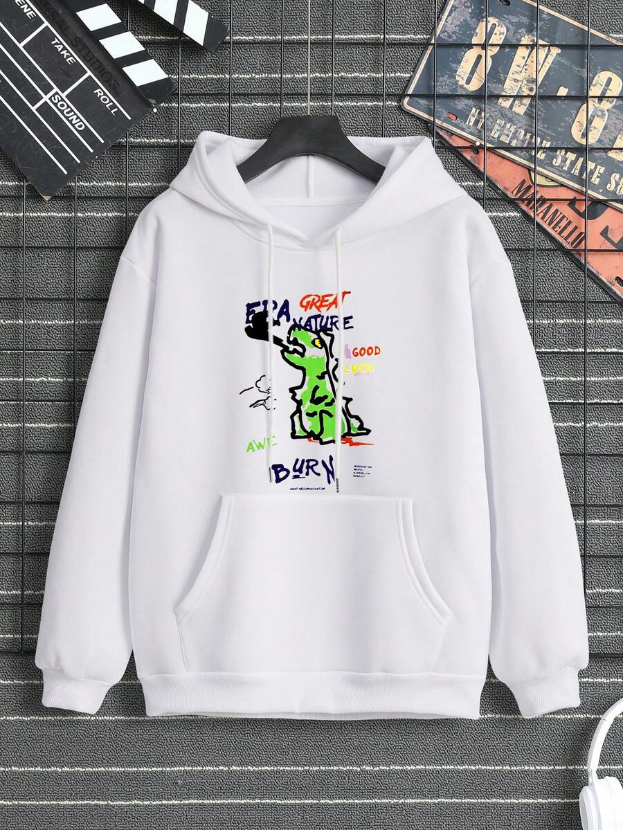 Nam Cartoon & Đồ họa chữ cái Túi kangaroo Dây rút Áo hoodie ấm áp - trắng - Xem 1