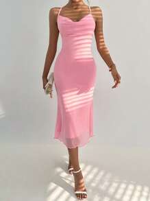 SHEIN Privé 垂領木耳邊網紗吊帶洋裝 - 粉色 - 查看 1