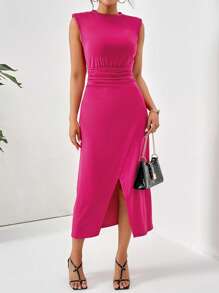 SHEIN Privé 素色抽褶腰圍裹洋裝 - 玫紅色 - 查看 1