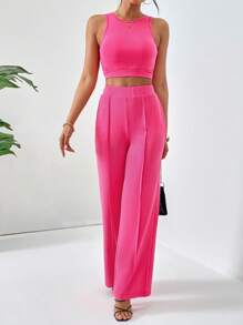 SHEIN Essnce unicolor Top tank crop & con puntada detalle Pantalones - Rosa Fucsia - Ver 1