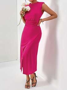 SHEIN Privé 素色抽褶腰圍裹洋裝 - 玫紅色 - 查看 4