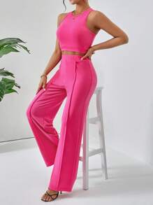 SHEIN Essnce unicolor Top tank crop & con puntada detalle Pantalones - Rosa Fucsia - Ver 4