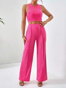 SHEIN Essnce unicolor Top tank crop & con puntada detalle Pantalones - Rosa Fucsia - Ver 5