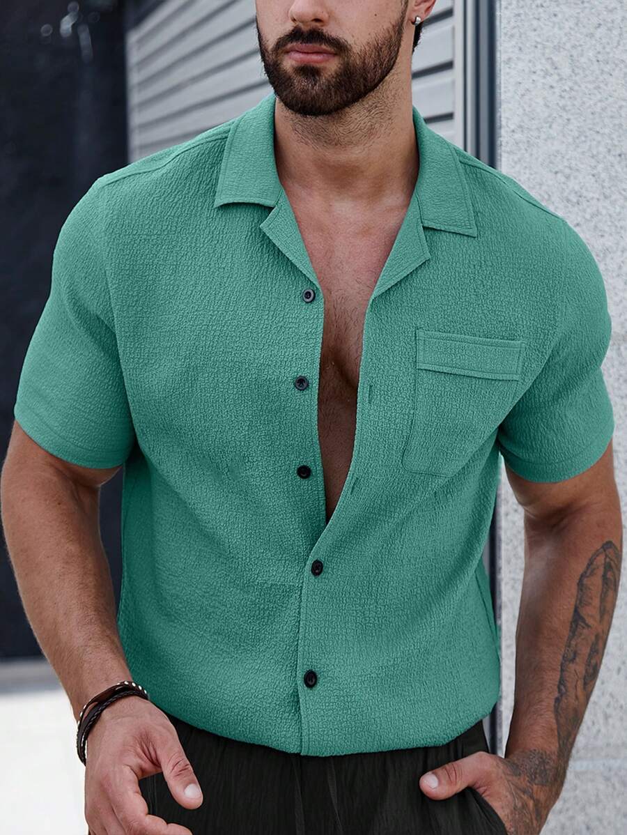 Manfinity Homme Men Solid Button Up Pocket Patched Shirt Without Tee - Green - View 1