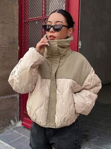 DAZY 双色落肩拉链前翻领绗缝口袋外套，冬季女装，冬季外套女式夹克 - 彩色 - 查看 1