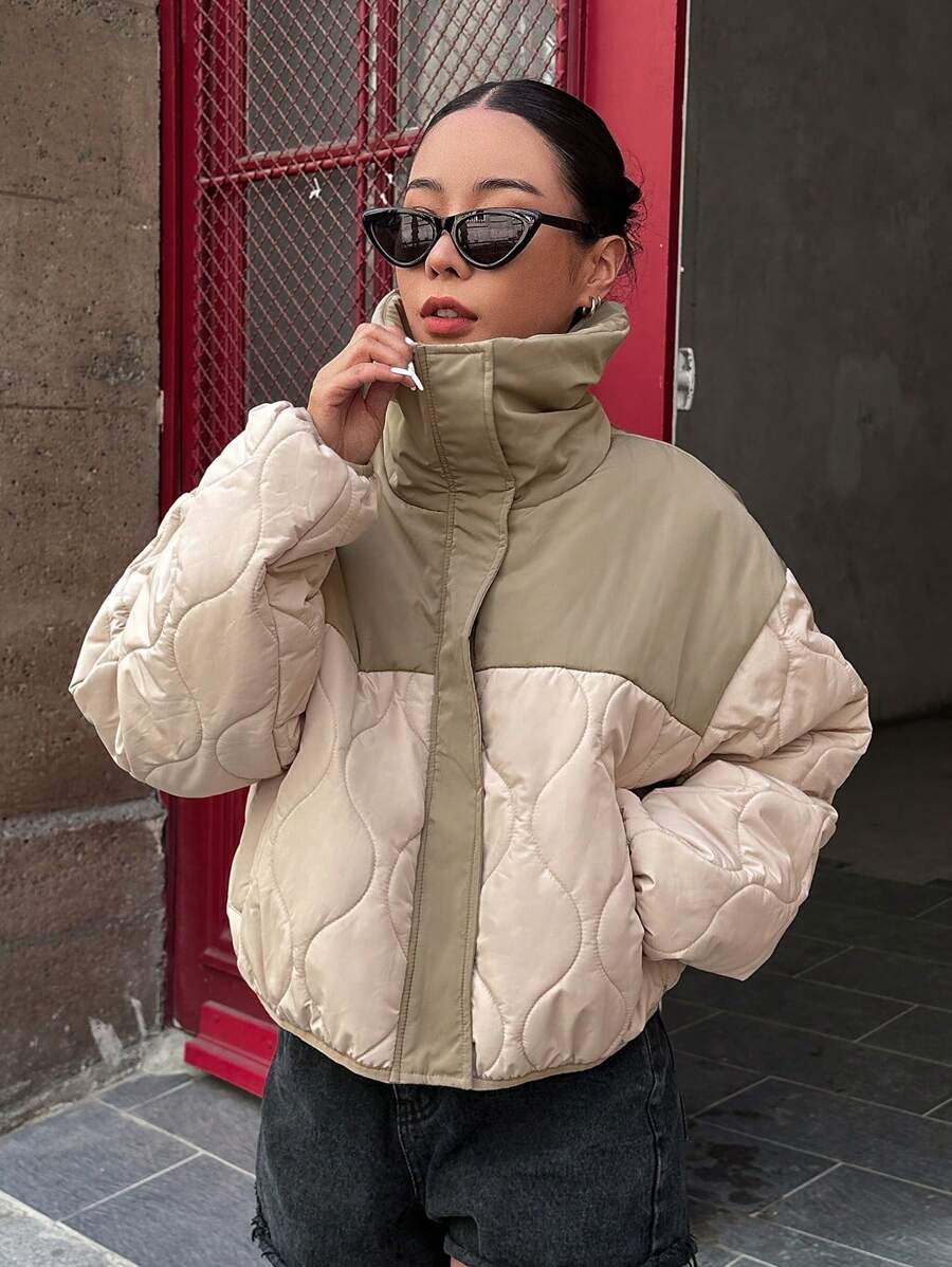 DAZY 双色落肩拉链前翻领绗缝口袋外套，冬季女装，冬季外套女式夹克 - 彩色 - 查看 1