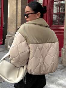 DAZY 双色落肩拉链前翻领绗缝口袋外套，冬季女装，冬季外套女式夹克 - 彩色 - 查看 2