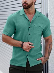 Manfinity Homme Men Solid Button Up Pocket Patched Shirt Without Tee - Green - View 4