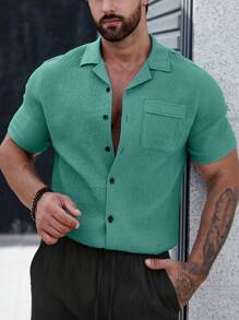 Manfinity Homme Men Solid Button Up Pocket Patched Shirt Without Tee - Green - View 5