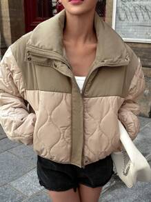 DAZY 双色落肩拉链前翻领绗缝口袋外套，冬季女装，冬季外套女式夹克 - 彩色 - 查看 4