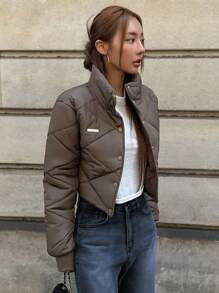 DAZY Letter Patched Detail Snap Button Front Padded Thick Coat, Women Winter Coat Jacket - Coffee Brown - View 1