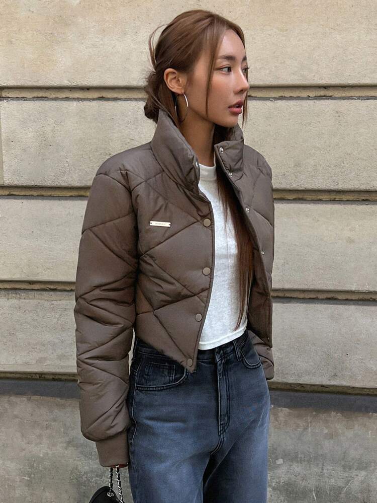 Letter Patched Detail Snap Button Front Padded Thick Coat, Women Winter Coat Jacket