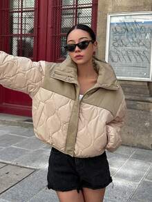 DAZY 双色落肩拉链前翻领绗缝口袋外套，冬季女装，冬季外套女式夹克 - 彩色 - 查看 9