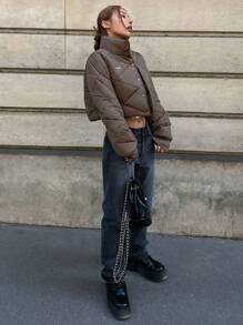 DAZY Letter Patched Detail Snap Button Front Padded Thick Coat, Women Winter Coat Jacket - Coffee Brown - View 7