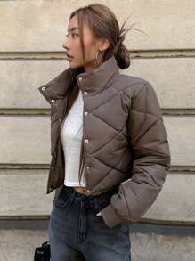 DAZY Letter Patched Detail Snap Button Front Padded Thick Coat, Women Winter Coat Jacket - Coffee Brown - View 8