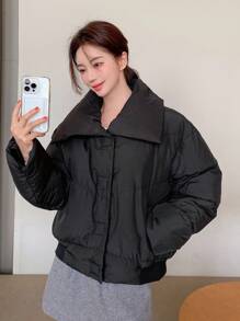 DAZY 纯色厚口袋羽绒大衣，冬季女装，冬季女装外套 - 黑色 - 查看 1