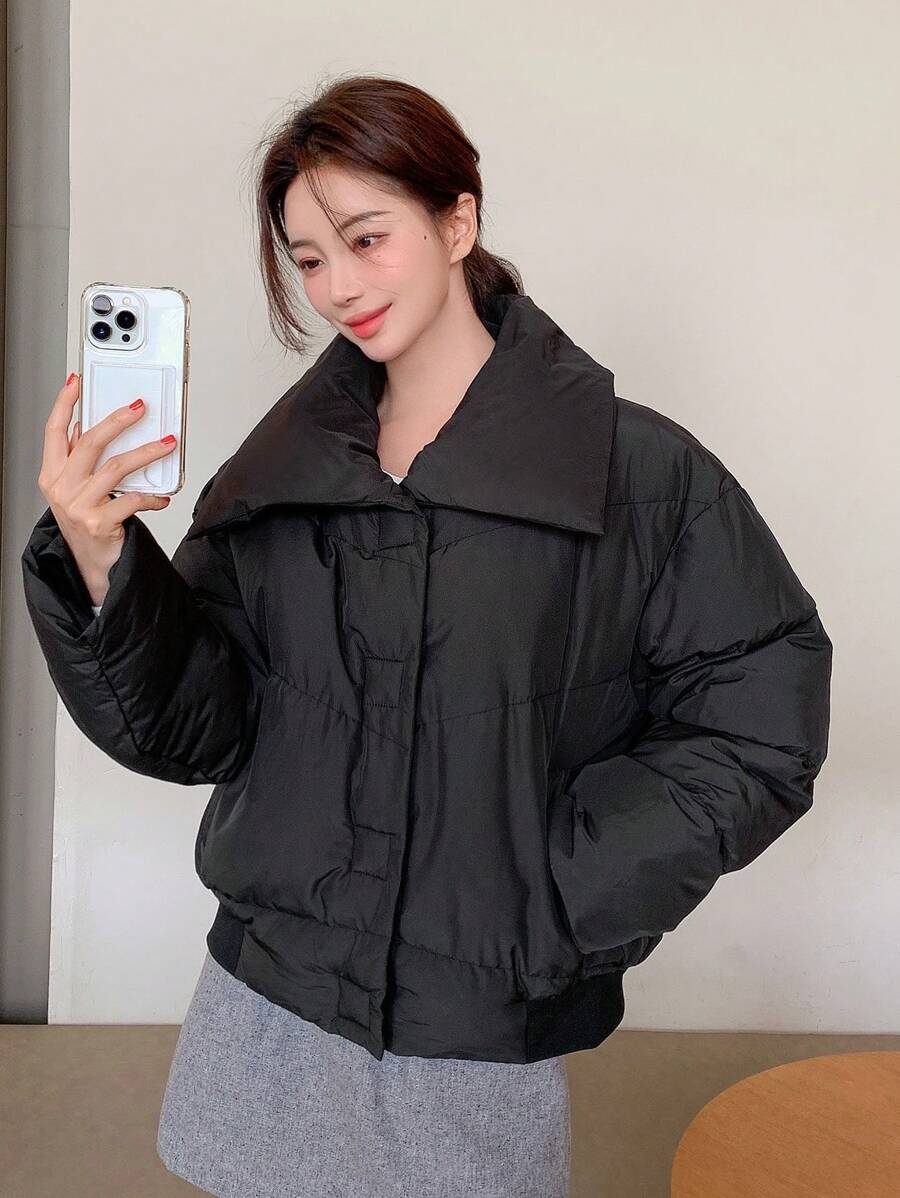 DAZY 纯色厚口袋羽绒大衣，冬季女装，冬季女装外套 - 黑色 - 查看 1