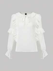 SHEIN Unity Ruffle Trim Flare Sleeve Tie Neck Blouse - White - View 1