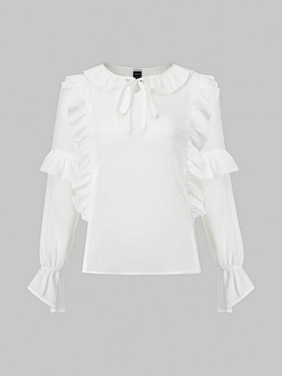 SHEIN Unity Ruffle Trim Flare Sleeve Tie Neck Blouse - White - View 1