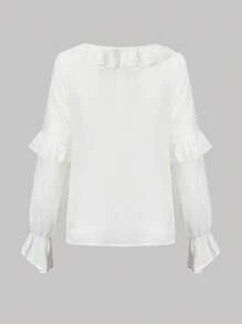 SHEIN Unity Ruffle Trim Flare Sleeve Tie Neck Blouse - White - View 2