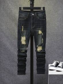 SHEIN Tween Boy Ripped Frayed Bleach Wash Jeans - Dark Wash - View 1