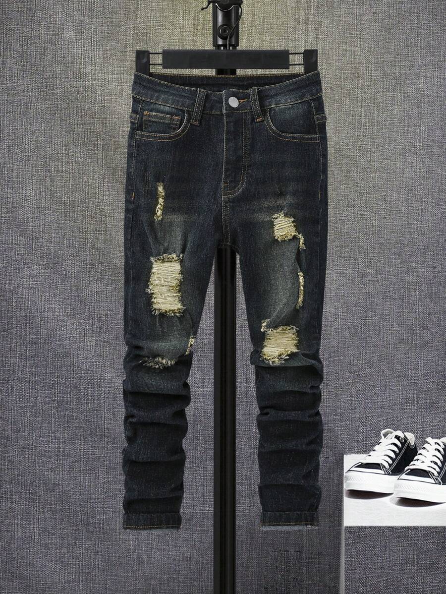 SHEIN Con trai Rách Frayed Rửa thuốc tẩy Quần jean - Rửa tối - Xem 1