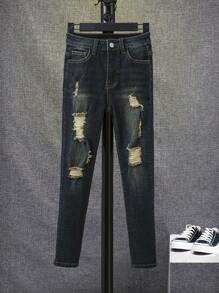 SHEIN Tween Boy Ripped Frayed Bleach Wash Jeans - Dark Wash - View 3