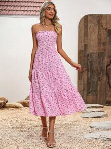 SHEIN VCAY In hoa Ditsy Xù Hoa Sen Váy ống - Hồng - Xem 1