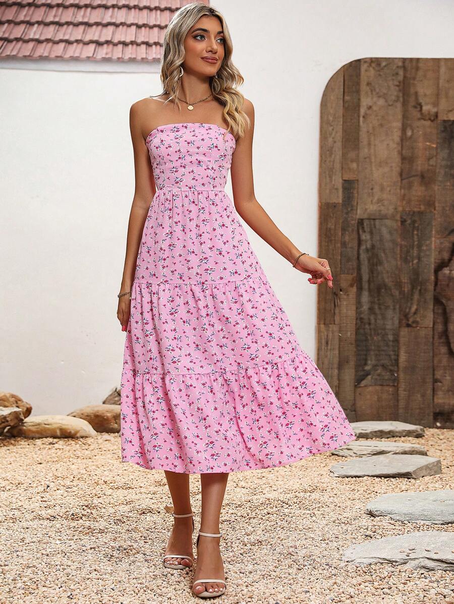 SHEIN VCAY In hoa Ditsy Xù Hoa Sen Váy ống - Hồng - Xem 1