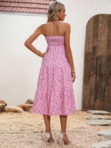 SHEIN VCAY In hoa Ditsy Xù Hoa Sen Váy ống - Hồng - Xem 2