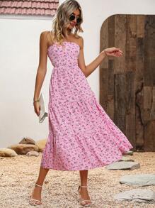 SHEIN VCAY In hoa Ditsy Xù Hoa Sen Váy ống - Hồng - Xem 6