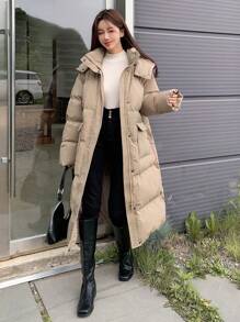 DAZY Zip Up Snap Button Hooded Puffer Thick Coat ,Winter Women Clothes,Winter Coat Women - Khaki - View 1